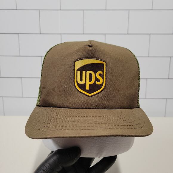 Vintage UPS United Parcel Service Trucker Snapback Hat Brown Mesh Made USA
